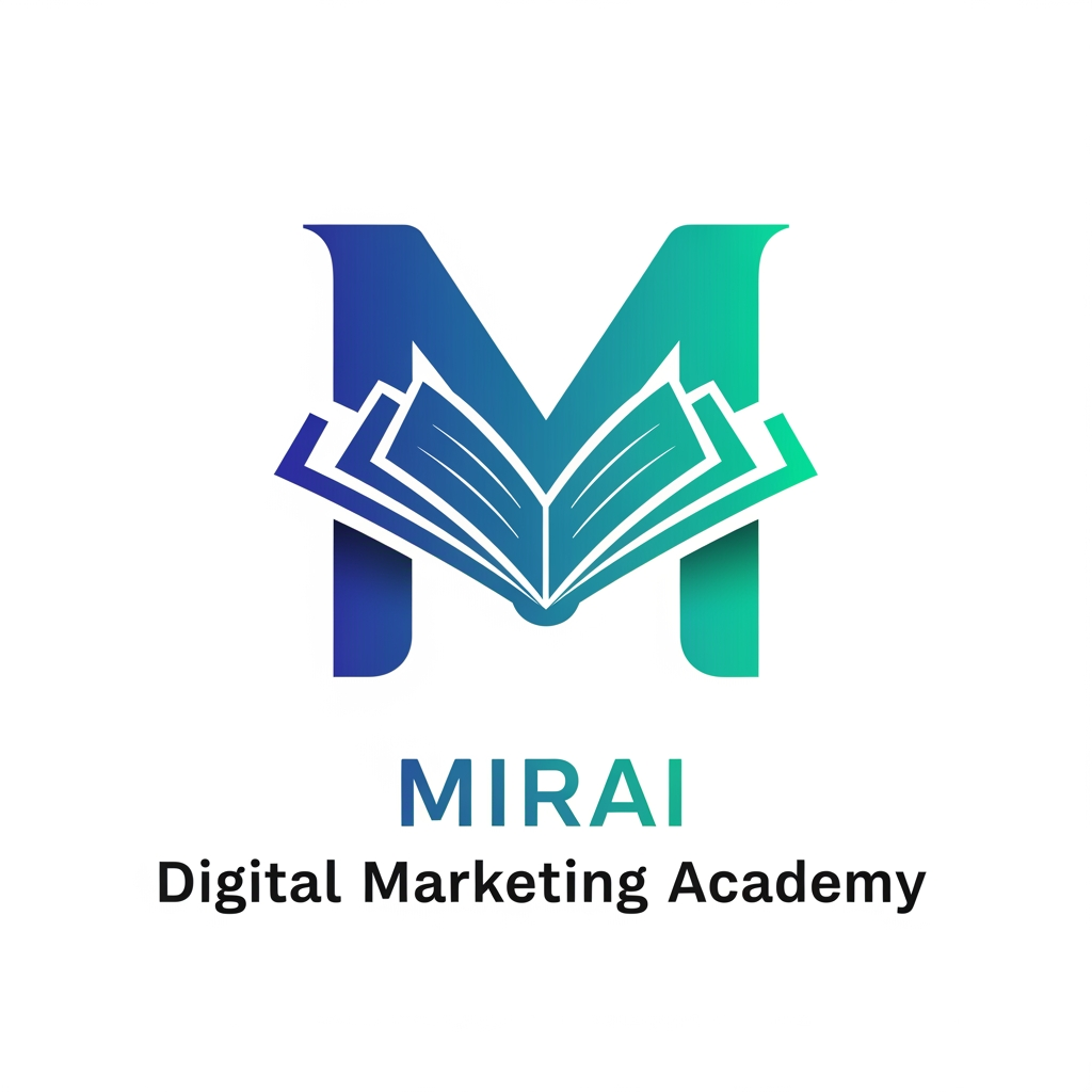 AI Design for i want to create a logo for a digital marketing academy, and name is Mirai. i want logo with M letter and m look like a book