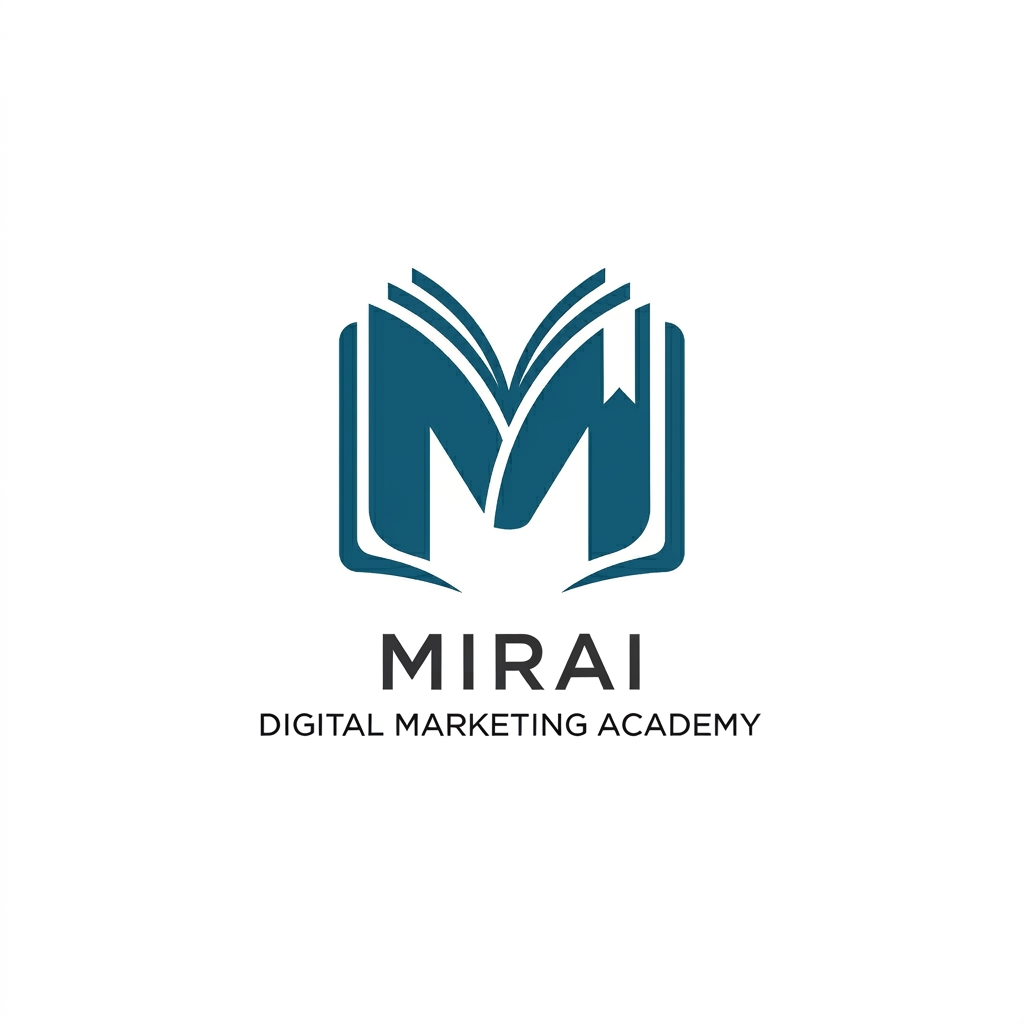 AI Design for i want to create a logo for a digital marketing academy, and name is Mirai. i want logo with M letter and m look like a book, simpel design
