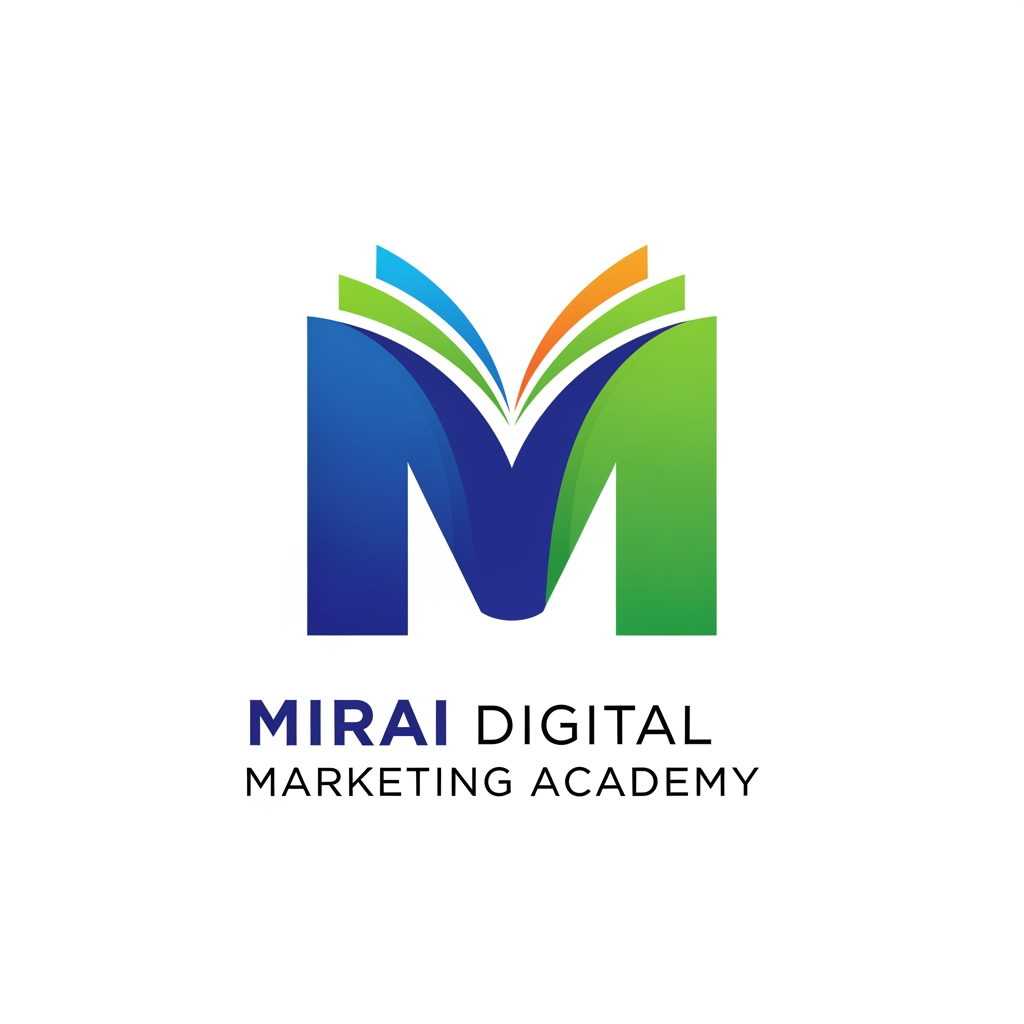 AI Design for i want to create a logo for a digital marketing academy, and name is Mirai. i want logo with M letter and m look like a book