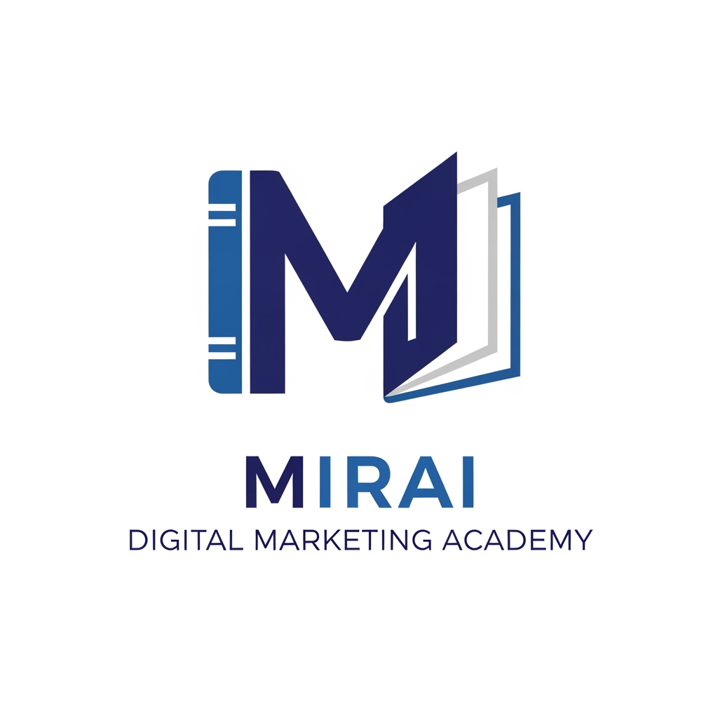 AI Design for i want to create a logo for a digital marketing academy, and name is Mirai. i want logo with M letter and m look like a book