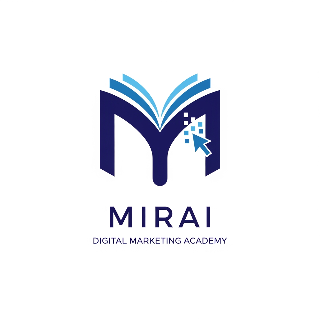 AI Design for i want to create a logo for a digital marketing academy, and name is Mirai. i want logo with M letter and m look like a book, simpel design