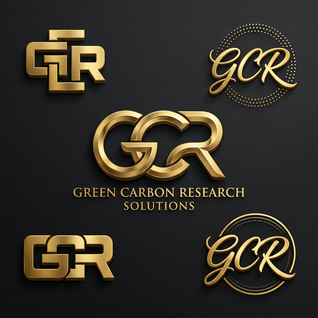 AI Design for create a 3d logo named GCR, in which G,C,R should come in the logo as the full form is Green Carbon Research Solutions.  now give me some more options in which dont write the full form. give with transparent background. dont use these color options, keep the golden and black combination, and I have attached the reference figures for you, you can take inspiration from them.