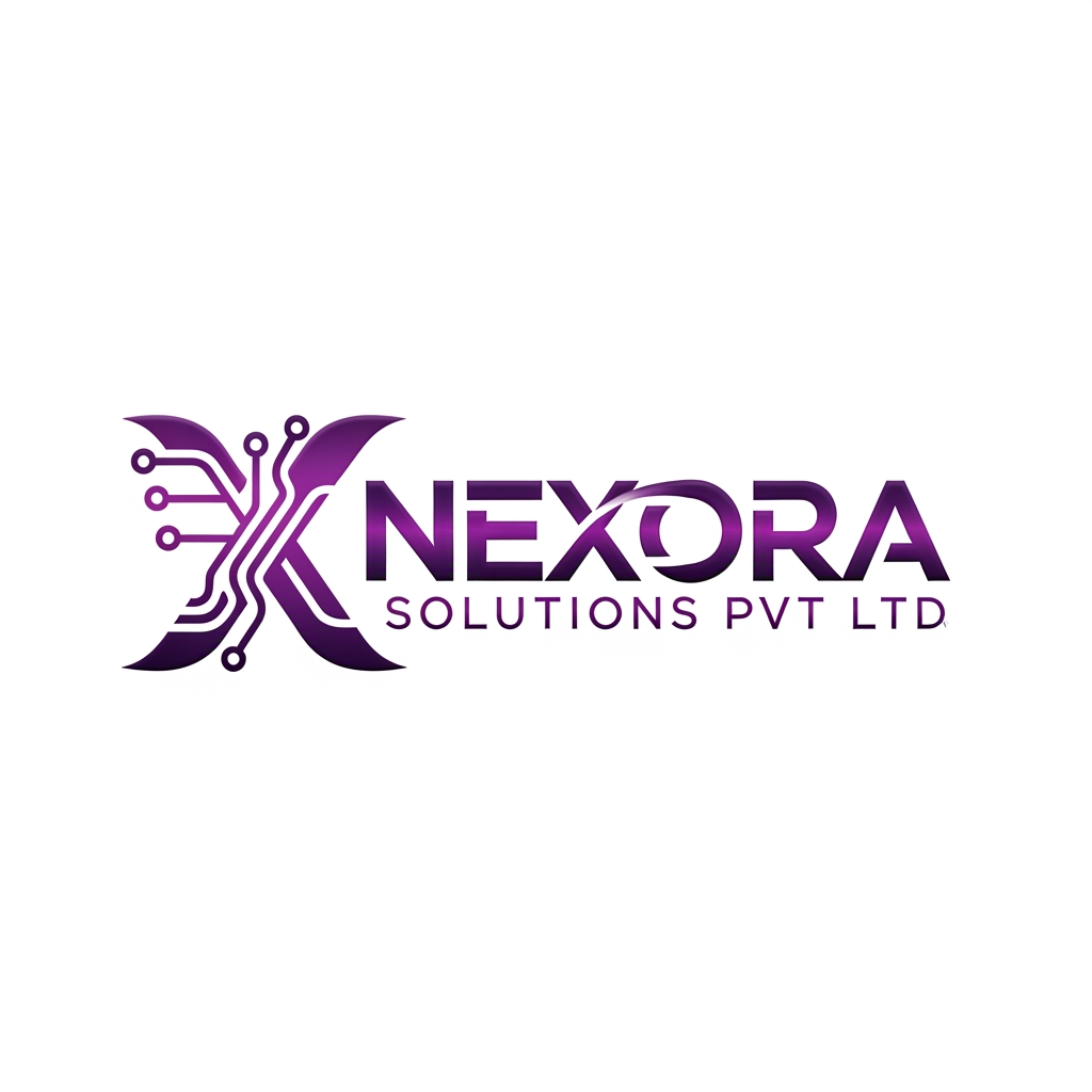AI Design for i want to make creative good logo for tech company Nexora solutions pvt ltd focusing on x in name purple color make design in a logo not like design then name make one full logo