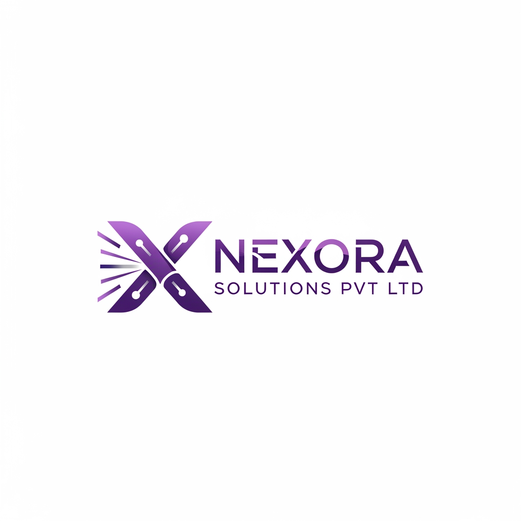 AI Design for i want to make creative good logo for tech company Nexora solutions pvt ltd focusing on x in name purple color make design in a logo not like design then name make one full logo