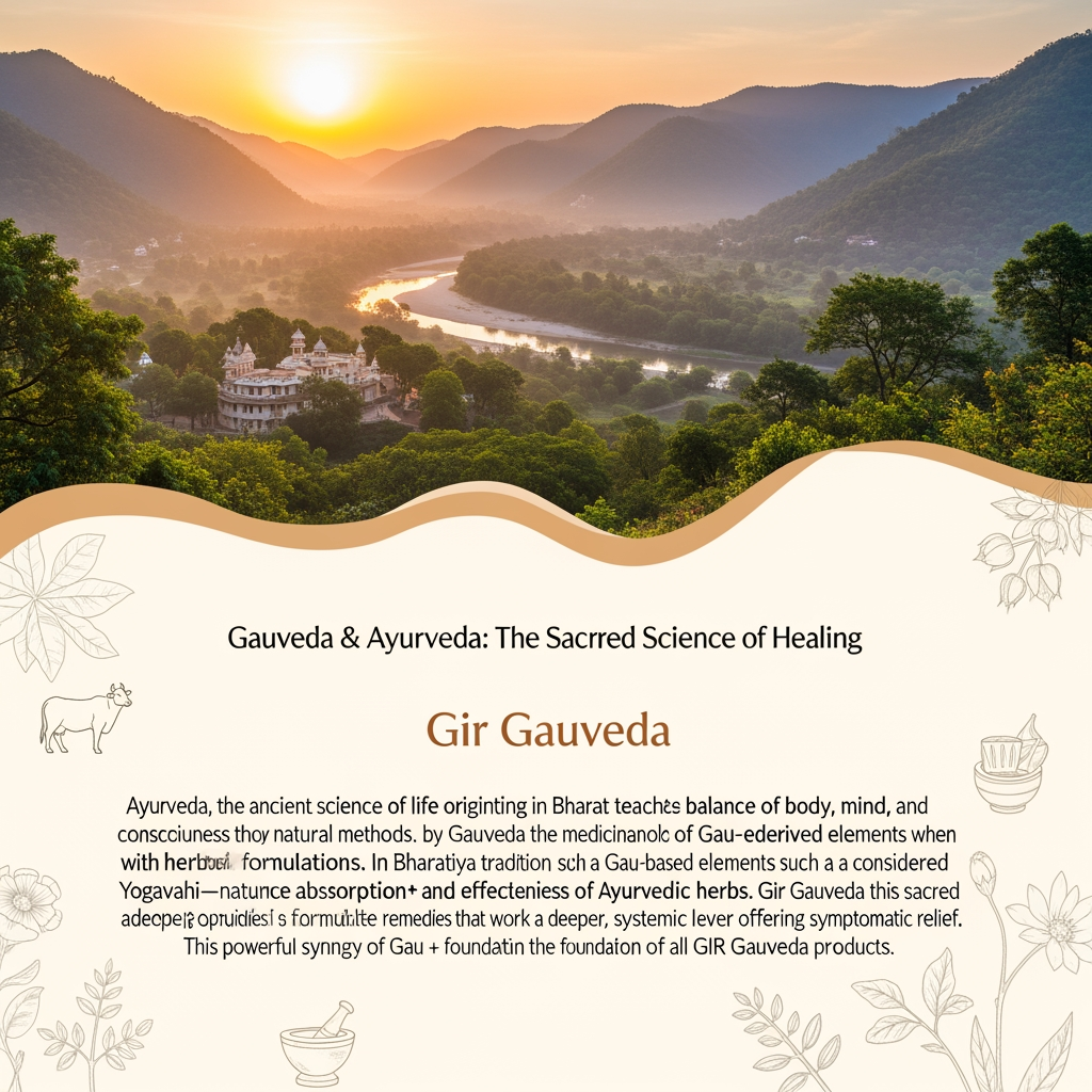 AI Design for create natural types banner below point. also i want image size 1020*400 full HD me karke do.
Gauveda & Ayurveda: The Sacred Science of Healing
Gir Gauveda
Ayurveda, the ancient science of life originating in Bharat, teaches balance of body, mind, and consciousness through natural methods. Gauveda complements Ayurveda by emphasizing the medicinal and bio-enhancing role of Gau-derived elements when combined with herbal formulations.
In Bharatiya tradition, Gau-based elements such as Gau Ghrit (Ghee) are considered Yogavahi—natural carriers that enhance absorption and effectiveness of Ayurvedic herbs. Gir Gauveda follows this sacred science to formulate remedies that work at a deeper, systemic level rather than offering symptomatic relief.
This powerful synergy of Gau + Herbs + Ayurveda forms the foundation of all GIR Gauveda products.