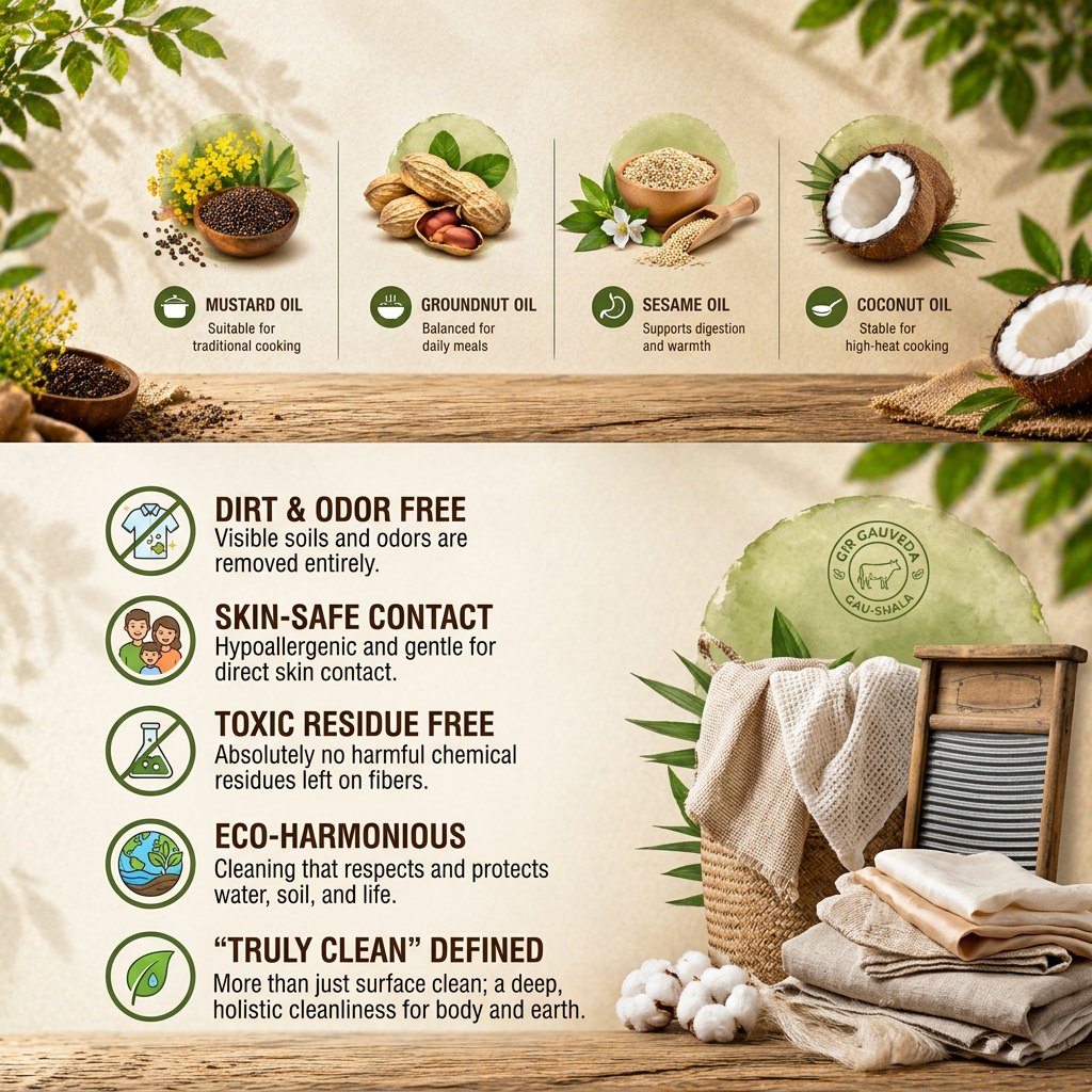 AI Design for create natural types banner below point also i want image size 1020*400 with full HD. also here i add refr for u .
What Does “Truly Clean” Actually Mean?
Gir Gauveda
Clothes are truly clean when they are:
Free from dirt and odor
Safe for direct skin contact
Free from toxic chemical residues
Cleaned without harming water, soil, or life
Unfortunately, many conventional cleaners focus only on appearance and fragrance, ignoring the hidden impact on health and the environment.