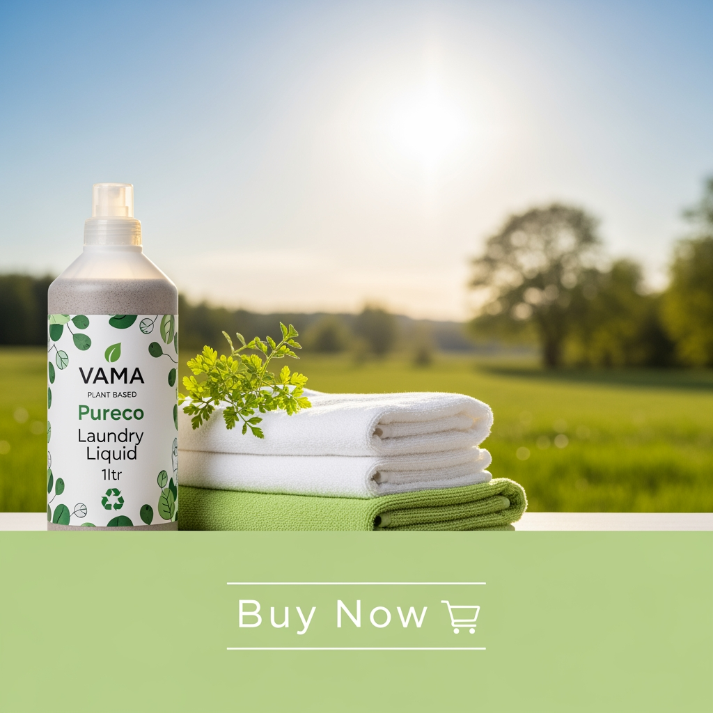 AI Design for create natural types banner below point also i want image size 1020*400
VAMA Plant Based Pureco Laundry Liquid 1ltr Buy Now
Discover how ethical, non-toxic cleaners protect your skin, clothes, and environment while reducing chemical exposure in daily laundry.
We often associate clean clothes with freshness, fragrance, and brightness. A strong scent or extra foam is commonly mistaken for cleanliness. But have you ever paused to ask a deeper question — are your clothes truly clean, or are they simply coated with chemicals?
In modern households, laundry detergents and fabric cleaners are used almost daily. Yet, most conventional cleaning products contain harsh chemicals that don’t disappear after washing. They remain on your clothes, touch your skin for hours, and eventually make their way into water systems and soil.
True cleanliness is not just about what looks clean — it’s about what is safe, conscious, and responsible.