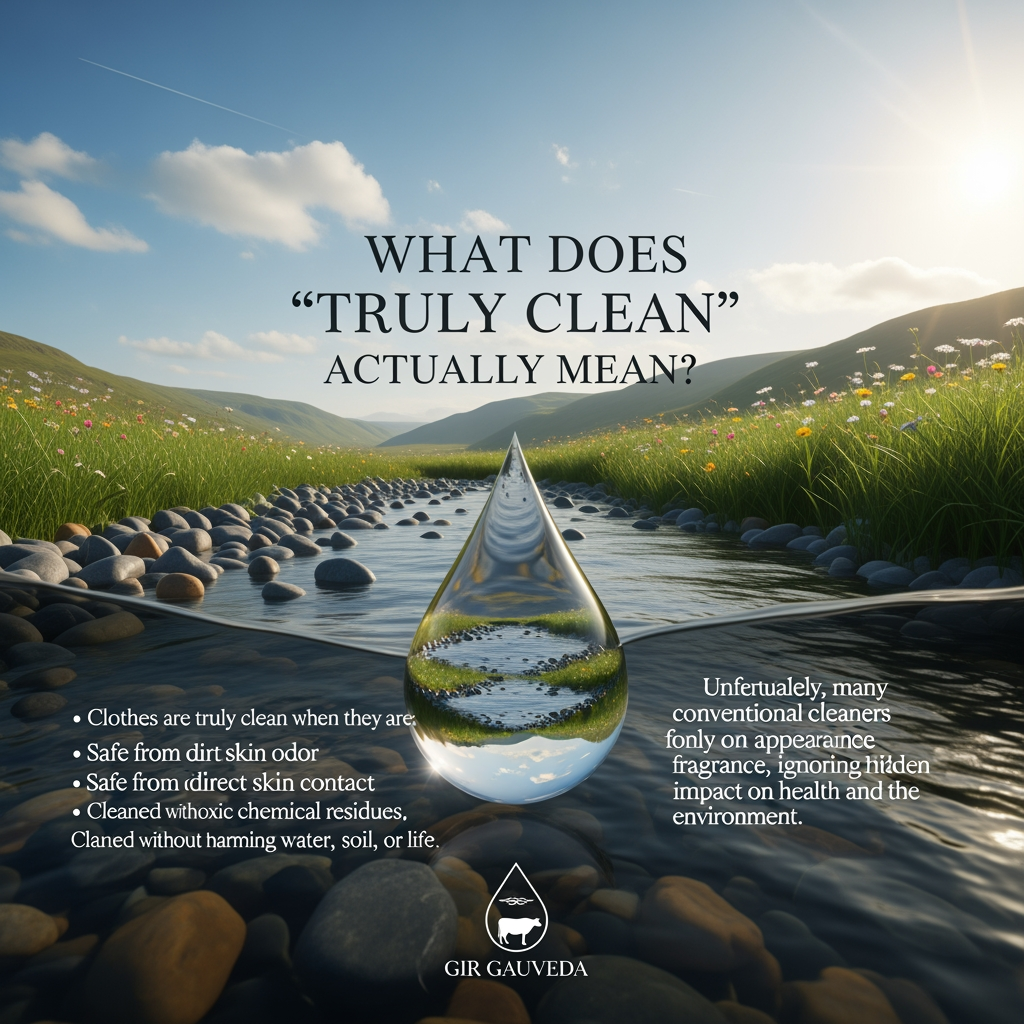 AI Design for create natural types banner below points also i want image size 1020*400 with full HD.
What Does “Truly Clean” Actually Mean?
Gir Gauveda
Clothes are truly clean when they are:
Free from dirt and odor
Safe for direct skin contact
Free from toxic chemical residues
Cleaned without harming water, soil, or life
Unfortunately, many conventional cleaners focus only on appearance and fragrance, ignoring the hidden impact on health and the environment.