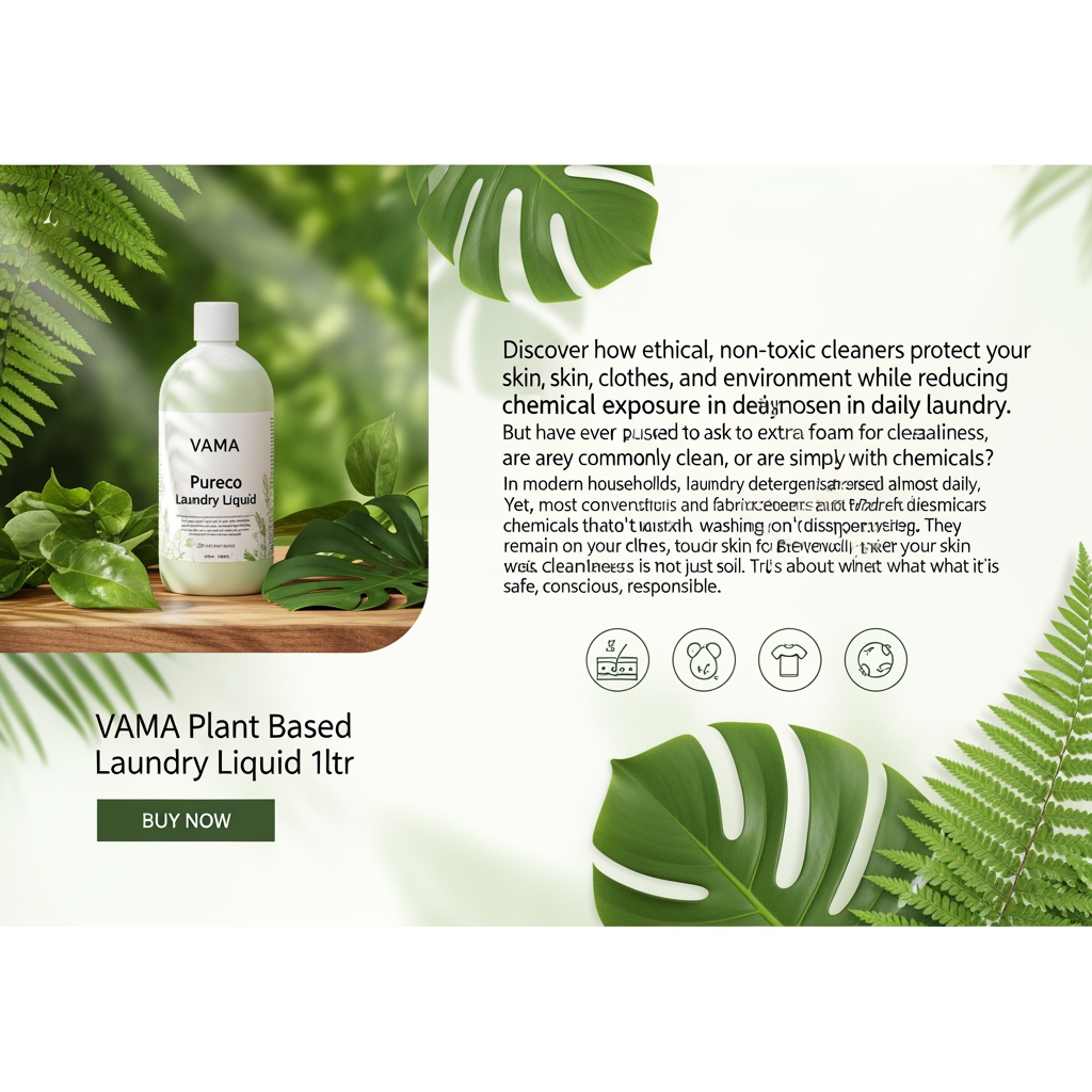 AI Design for create natural types banner below point also i want image size 1020*400
VAMA Plant Based Pureco Laundry Liquid 1ltr Buy Now
Discover how ethical, non-toxic cleaners protect your skin, clothes, and environment while reducing chemical exposure in daily laundry.
We often associate clean clothes with freshness, fragrance, and brightness. A strong scent or extra foam is commonly mistaken for cleanliness. But have you ever paused to ask a deeper question — are your clothes truly clean, or are they simply coated with chemicals?
In modern households, laundry detergents and fabric cleaners are used almost daily. Yet, most conventional cleaning products contain harsh chemicals that don’t disappear after washing. They remain on your clothes, touch your skin for hours, and eventually make their way into water systems and soil.
True cleanliness is not just about what looks clean — it’s about what is safe, conscious, and responsible.