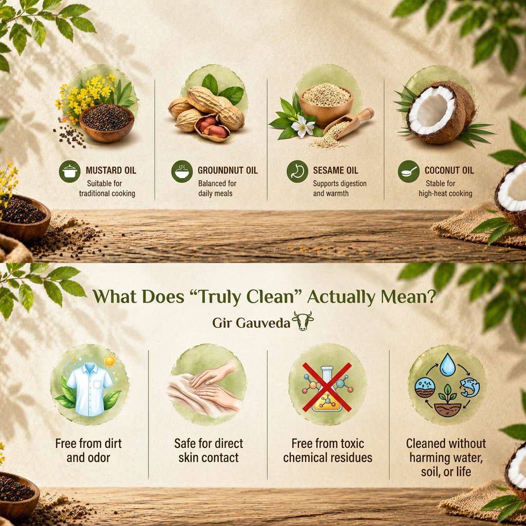 AI Design for create natural types banner below point also i want image size 1020*400 with full HD. also here i add refr for u .
What Does “Truly Clean” Actually Mean?
Gir Gauveda
Clothes are truly clean when they are:
Free from dirt and odor
Safe for direct skin contact
Free from toxic chemical residues
Cleaned without harming water, soil, or life
Unfortunately, many conventional cleaners focus only on appearance and fragrance, ignoring the hidden impact on health and the environment.