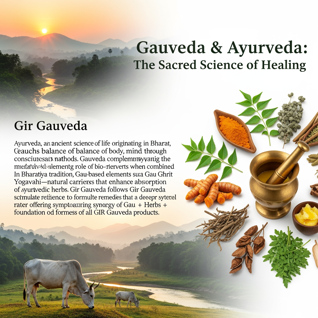 AI Design for create natural types banner below point. also i want image size 1020*400 full HD me karke do.
Gauveda & Ayurveda: The Sacred Science of Healing
Gir Gauveda
Ayurveda, the ancient science of life originating in Bharat, teaches balance of body, mind, and consciousness through natural methods. Gauveda complements Ayurveda by emphasizing the medicinal and bio-enhancing role of Gau-derived elements when combined with herbal formulations.
In Bharatiya tradition, Gau-based elements such as Gau Ghrit (Ghee) are considered Yogavahi—natural carriers that enhance absorption and effectiveness of Ayurvedic herbs. Gir Gauveda follows this sacred science to formulate remedies that work at a deeper, systemic level rather than offering symptomatic relief.
This powerful synergy of Gau + Herbs + Ayurveda forms the foundation of all GIR Gauveda products.