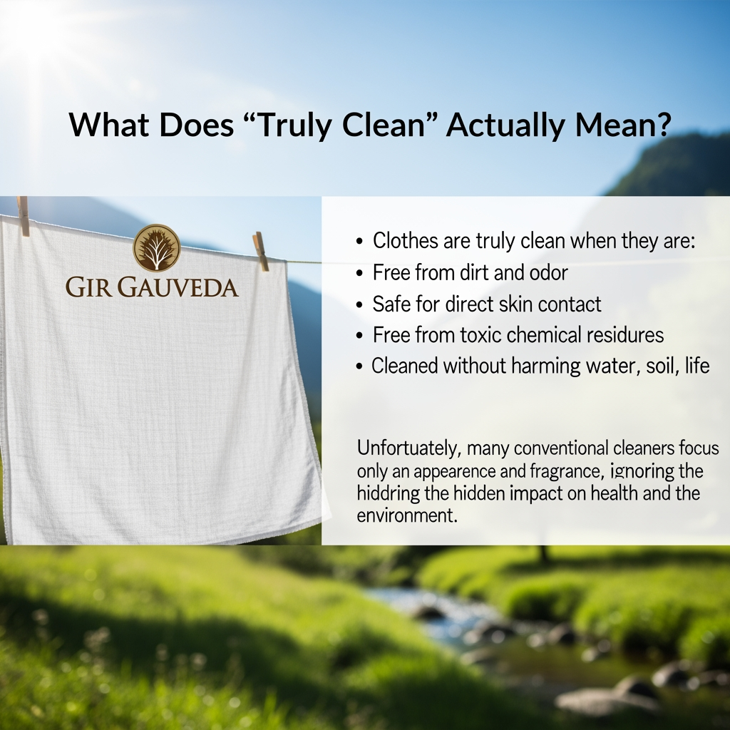 AI Design for create natural types banner below points also i want image size 1020*400 with full HD.
What Does “Truly Clean” Actually Mean?
Gir Gauveda
Clothes are truly clean when they are:
Free from dirt and odor
Safe for direct skin contact
Free from toxic chemical residues
Cleaned without harming water, soil, or life
Unfortunately, many conventional cleaners focus only on appearance and fragrance, ignoring the hidden impact on health and the environment.