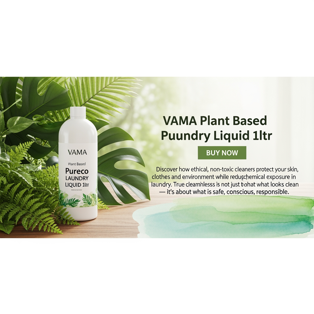 AI Design for create natural types banner below point also i want image size 1020*400
VAMA Plant Based Pureco Laundry Liquid 1ltr Buy Now
Discover how ethical, non-toxic cleaners protect your skin, clothes, and environment while reducing chemical exposure in daily laundry.
We often associate clean clothes with freshness, fragrance, and brightness. A strong scent or extra foam is commonly mistaken for cleanliness. But have you ever paused to ask a deeper question — are your clothes truly clean, or are they simply coated with chemicals?
In modern households, laundry detergents and fabric cleaners are used almost daily. Yet, most conventional cleaning products contain harsh chemicals that don’t disappear after washing. They remain on your clothes, touch your skin for hours, and eventually make their way into water systems and soil.
True cleanliness is not just about what looks clean — it’s about what is safe, conscious, and responsible.