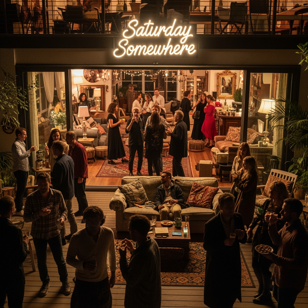AI Design for saturday somewhere is a party house where strangers meet each other at a private bnb