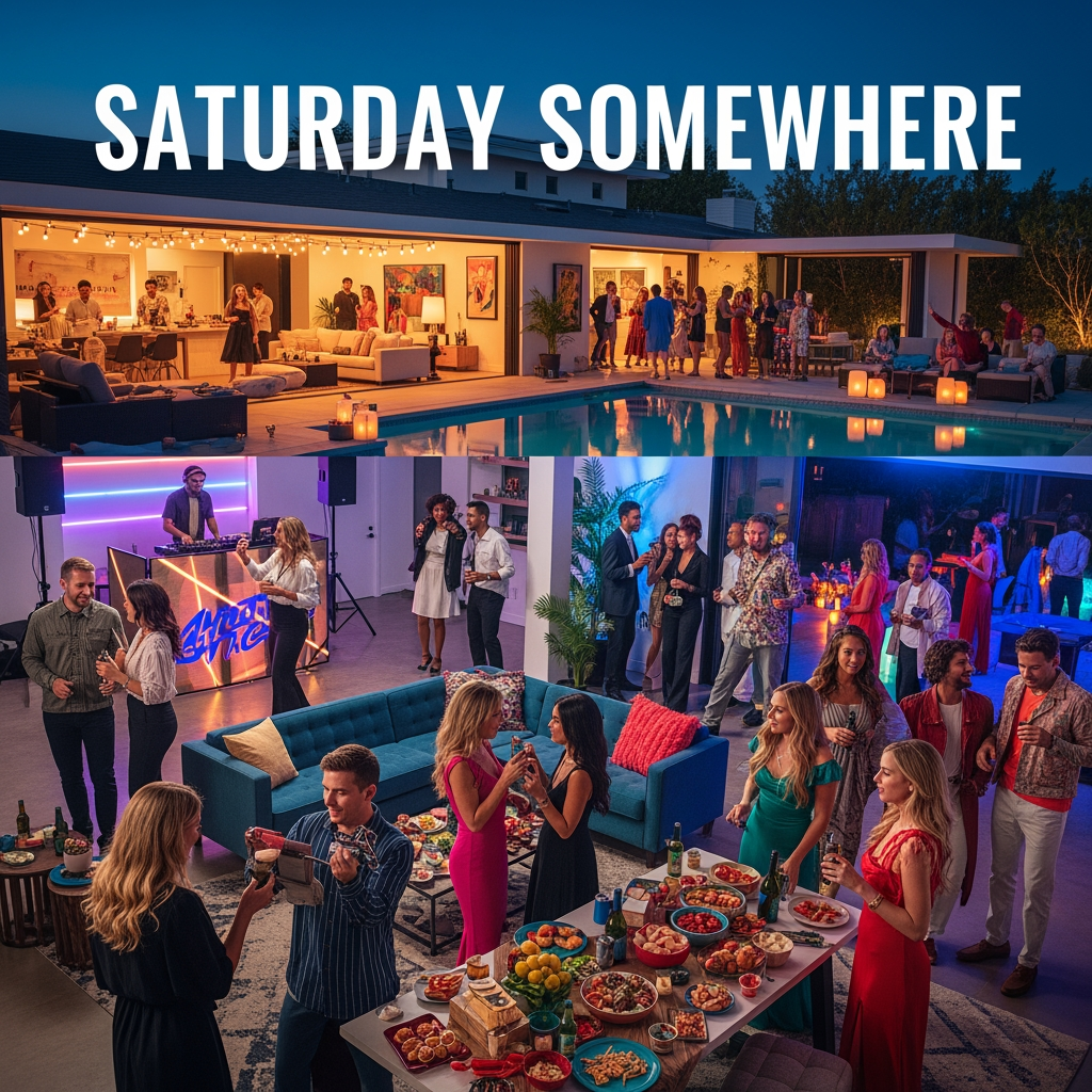 AI Design for saturday somewhere is a party house where strangers meet each other at a private bnb