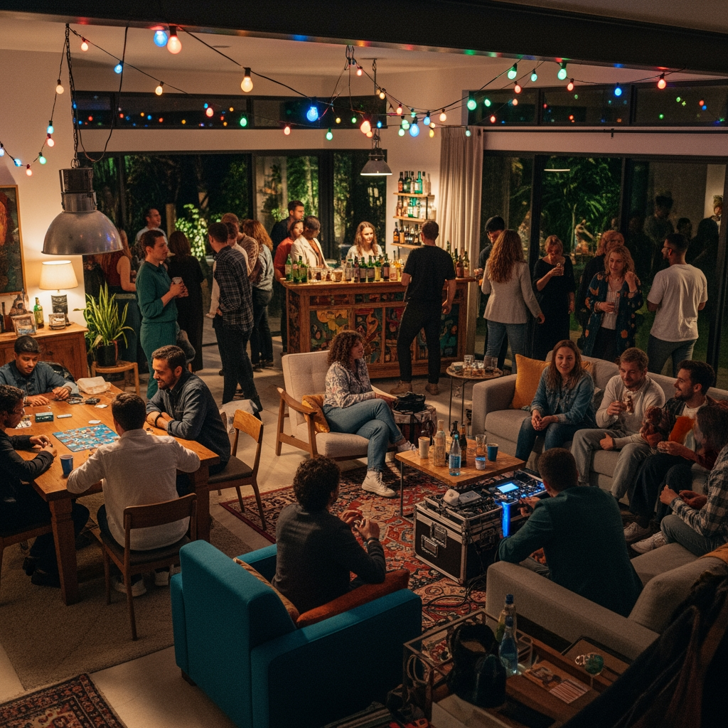 AI Design for saturday somewhere is a party house where strangers meet each other at a private bnb