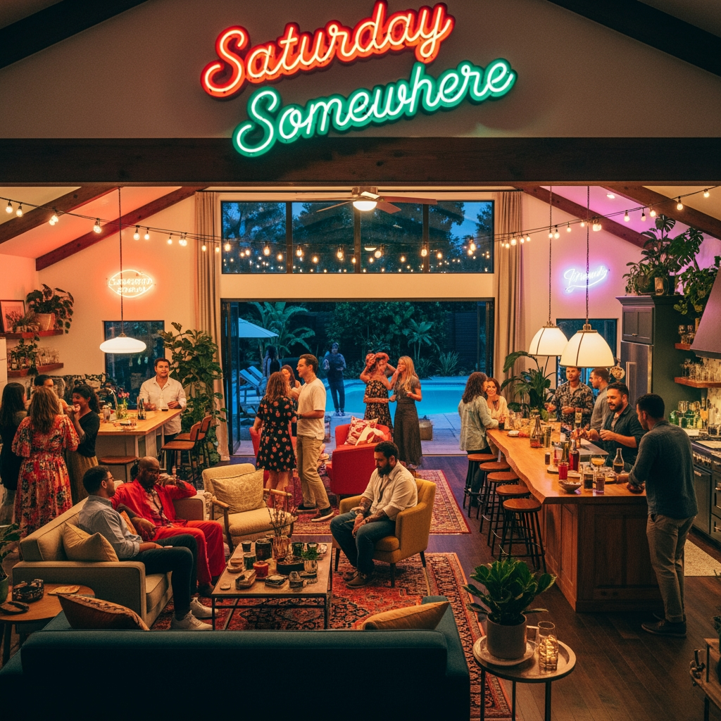 AI Design for saturday somewhere is a party house where strangers meet each other at a private bnb