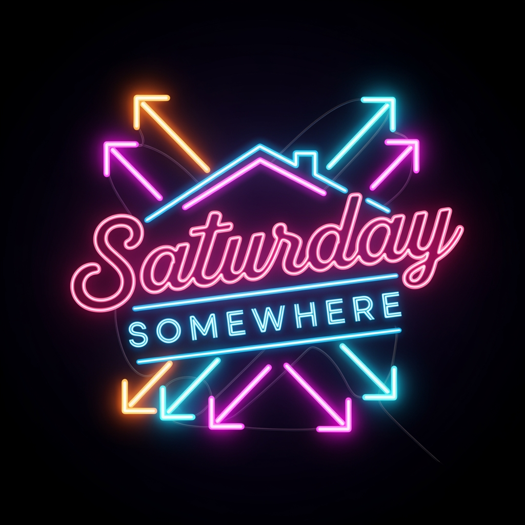 AI Design for saturday somewhere is a party house where strangers meet each other at a private bnb i need a logo neon vibes with black