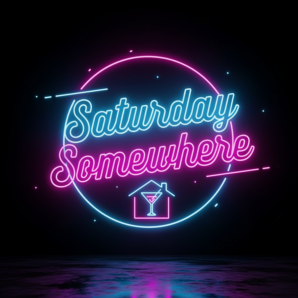AI Design for saturday somewhere is a party house where strangers meet each other at a private bnb i need a logo neon vibes with black