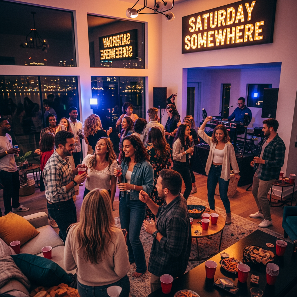 AI Design for saturday somewhere is a party house where strangers meet each other at a private bnb