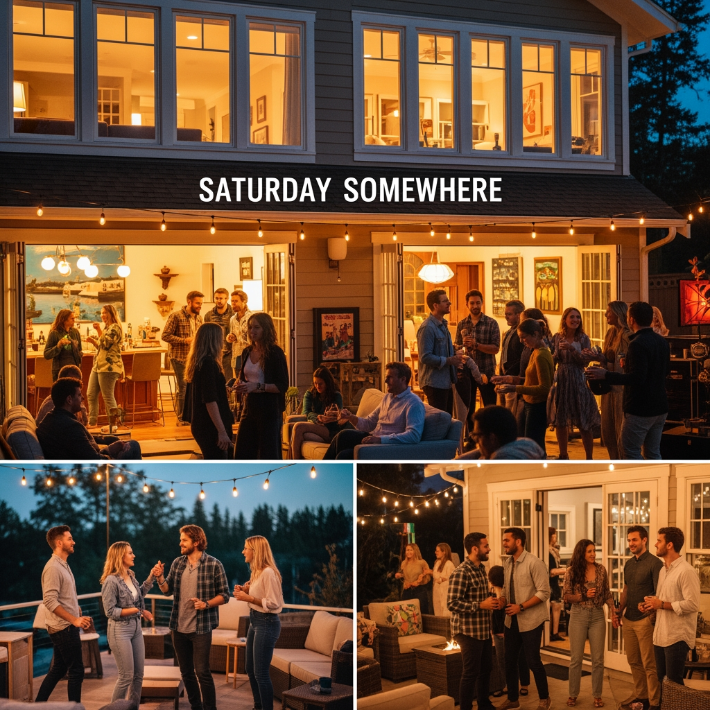 AI Design for saturday somewhere is a party house where strangers meet each other at a private bnb