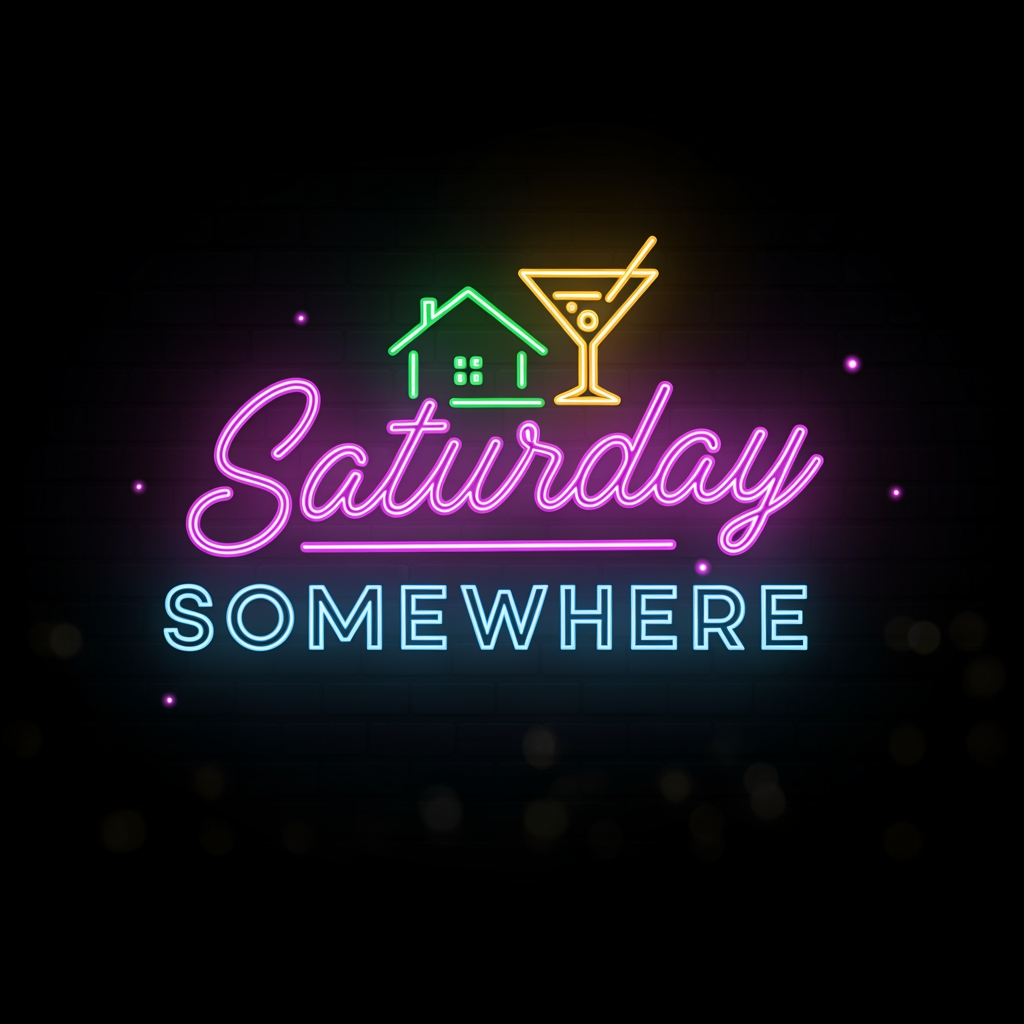 AI Design for saturday somewhere is a party house where strangers meet each other at a private bnb i need a logo neon vibes with black
