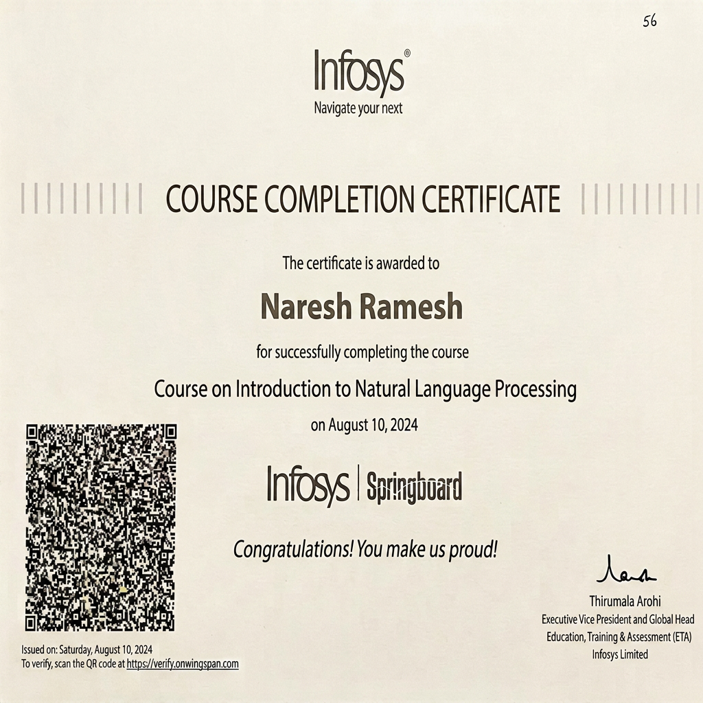 AI Design for change the name and course name to Course on Introduction to Natural Language Processing
Naresh Ramesh