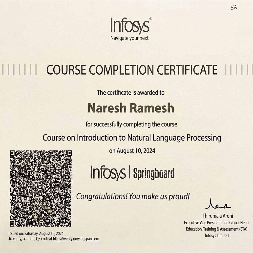 AI Design for change the name and course name to Course on Introduction to Natural Language Processing
Naresh Ramesh