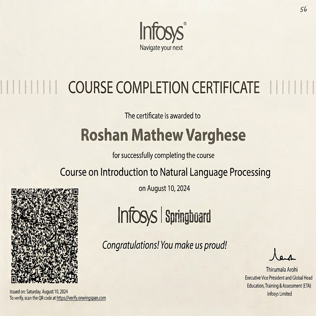 AI Design for change the name and Course on Introduction to Natural Language Processing
Roshan Mathew Varghese
Naresh Ramesh