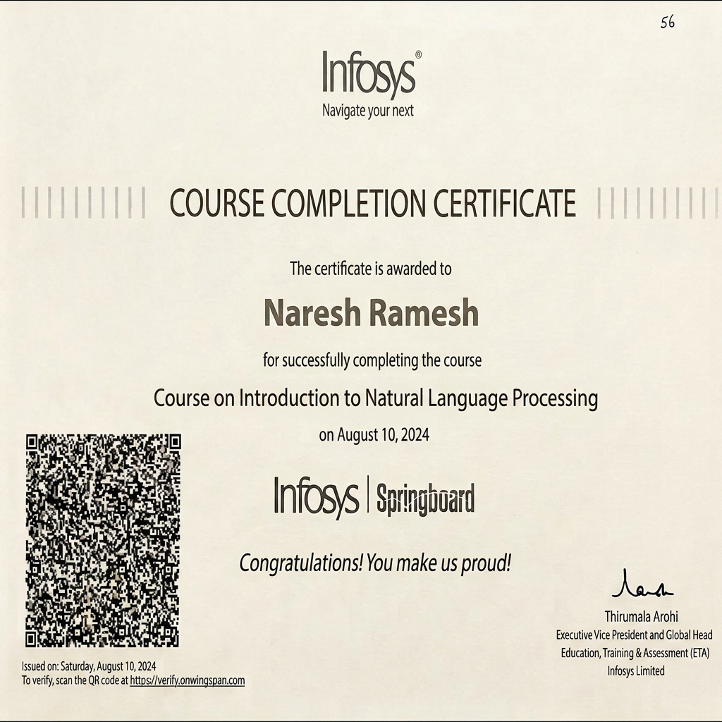 AI Design for change the name and course name to Course on Introduction to Natural Language Processing
Naresh Ramesh