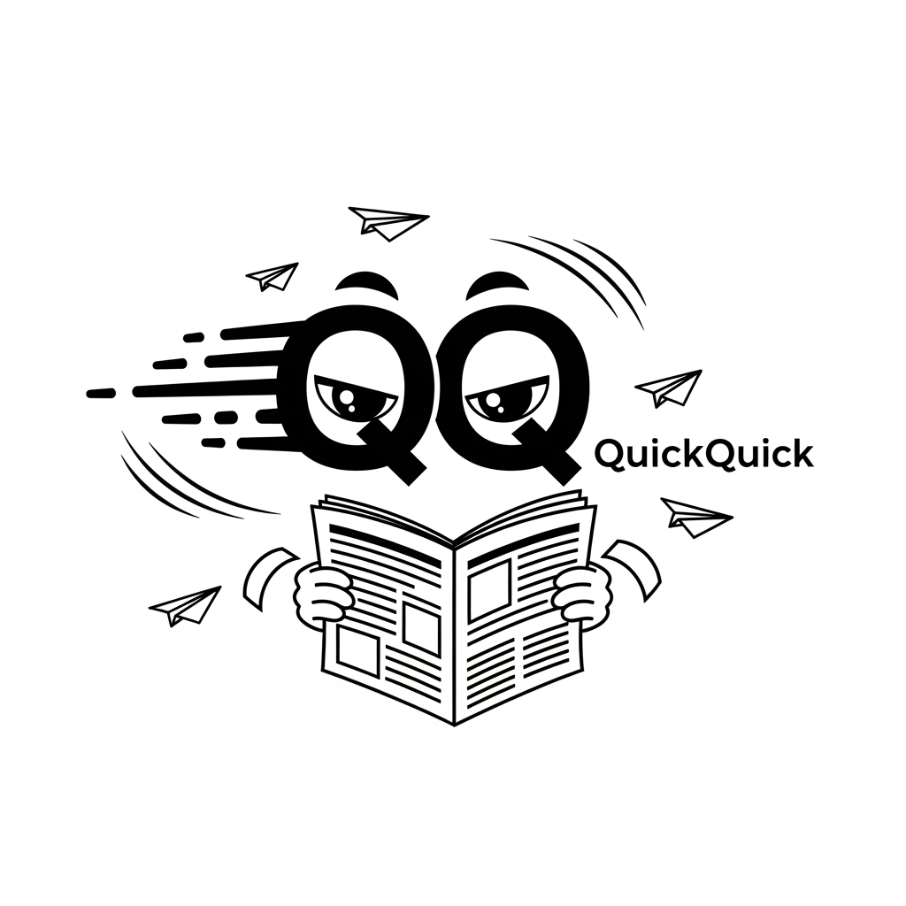 AI Design for Design a modern, minimalist logo for a news application called QuickQuick. The two letters "QQ" should creatively form a pair of intelligent eyes. The eyes are actively reading an unfolded newspaper held by small, subtle cartoon-style hands. The newspaper should be integrated into the logo, not separate. Include a sense of speed and quick news delivery using motion lines or flying paper airplanes. Clean vector style, bold black and white design, startup-quality branding, highly recognizable, scalable, suitable for app icon and website branding, negative space design, professional and memorable.