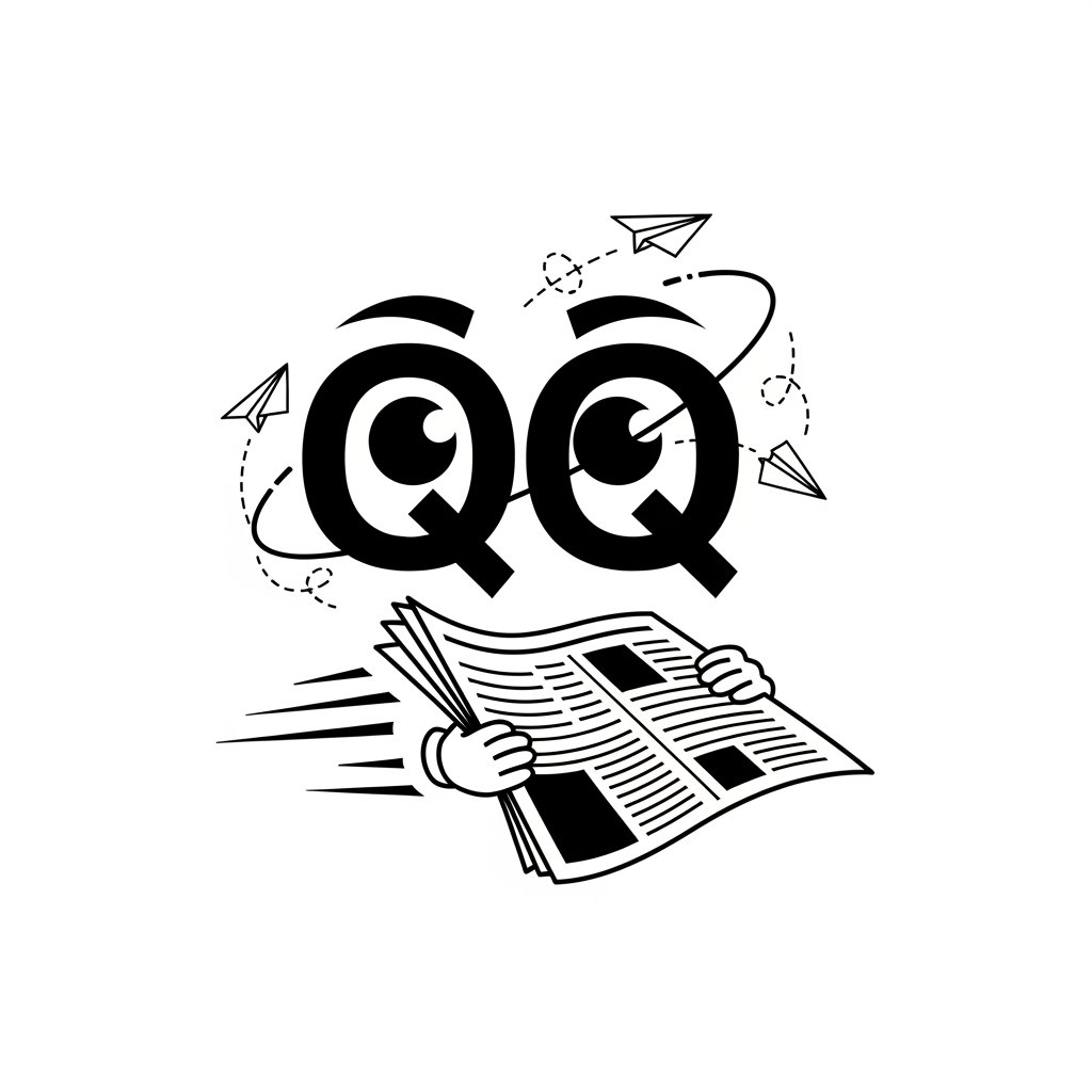 AI Design for Design a modern, minimalist logo for a news application called QuickQuick. The two letters "QQ" should creatively form a pair of intelligent eyes. The eyes are actively reading an unfolded newspaper held by small, subtle cartoon-style hands. The newspaper should be integrated into the logo, not separate. Include a sense of speed and quick news delivery using motion lines or flying paper airplanes. Clean vector style, bold black and white design, startup-quality branding, highly recognizable, scalable, suitable for app icon and website branding, negative space design, professional and memorable.
