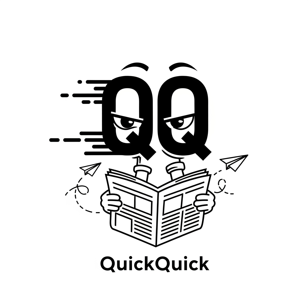 AI Design for Design a modern, minimalist logo for a news application called QuickQuick. The two letters "QQ" should creatively form a pair of intelligent eyes. The eyes are actively reading an unfolded newspaper held by small, subtle cartoon-style hands. The newspaper should be integrated into the logo, not separate. Include a sense of speed and quick news delivery using motion lines or flying paper airplanes. Clean vector style, bold black and white design, startup-quality branding, highly recognizable, scalable, suitable for app icon and website branding, negative space design, professional and memorable.