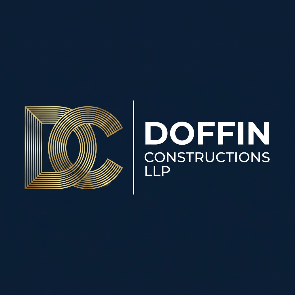 AI Design for A premium, modern corporate logo on a solid deep navy blue background. On the left, a geometric interlocking monogram of the letters "D" and "C". The "DC" monogram is constructed from ultra-sleek, densely packed, incredibly thin parallel golden metallic lines, creating a highly detailed, refined architectural wireframe or concentric track effect. The gold has a realistic, polished metallic sheen. To the right of the monogram is a thin, crisp vertical white divider line. On the far right, the text "DOFFIN" in a large, bold, clean white sans-serif font, stacked directly above "CONSTRUCTIONS" in a medium-weight white sans-serif font, stacked above "LLP". The overall aesthetic is high-end, precise, and suitable for a luxury civil construction firm. Vector art style, sharp edges, 8k resolution.