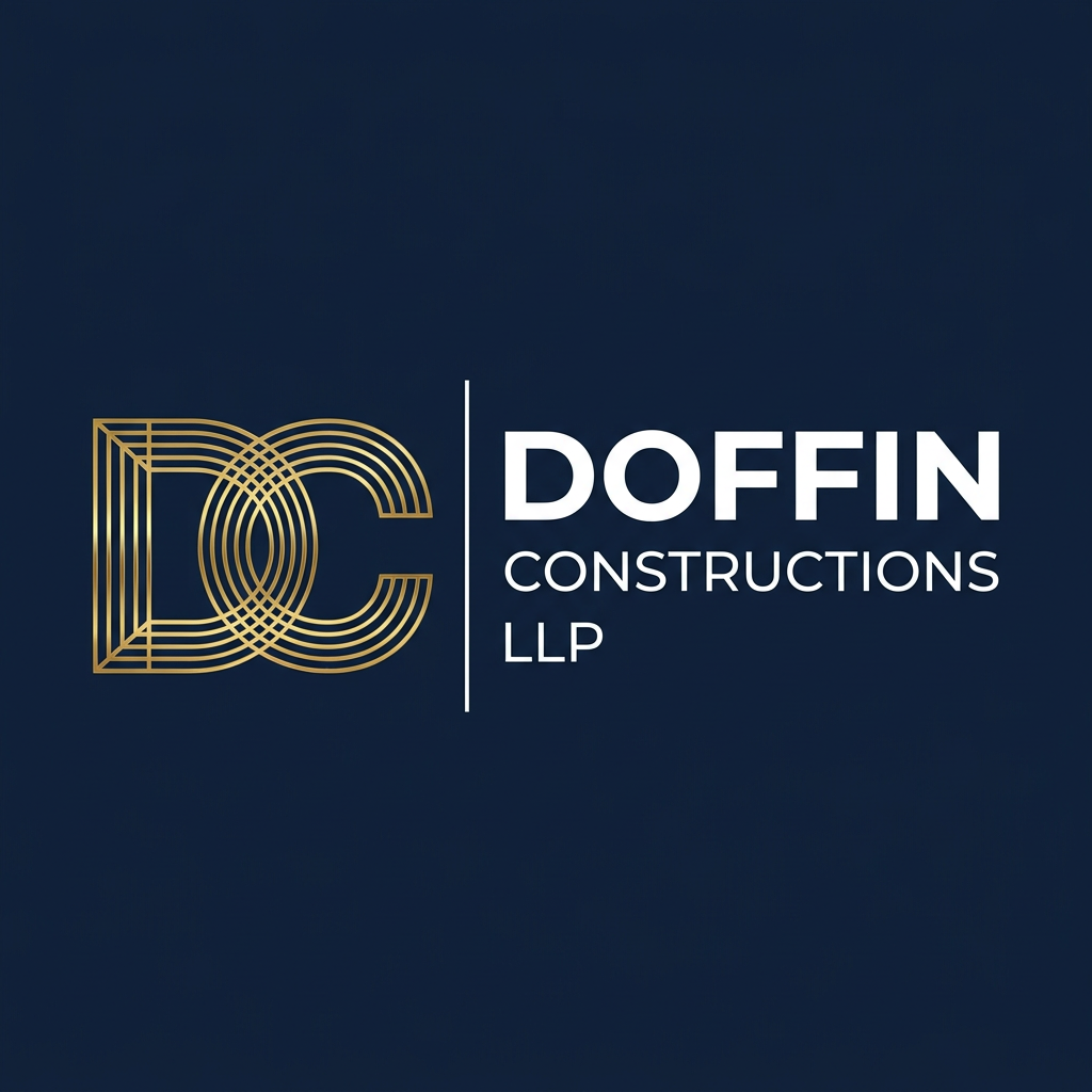 AI Design for A premium, modern corporate logo on a solid deep navy blue background. On the left, a geometric interlocking monogram of the letters "D" and "C". The "DC" monogram is constructed from ultra-sleek, densely packed, incredibly thin parallel golden metallic lines, creating a highly detailed, refined architectural wireframe or concentric track effect. The gold has a realistic, polished metallic sheen. To the right of the monogram is a thin, crisp vertical white divider line. On the far right, the text "DOFFIN" in a large, bold, clean white sans-serif font, stacked directly above "CONSTRUCTIONS" in a medium-weight white sans-serif font, stacked above "LLP". The overall aesthetic is high-end, precise, and suitable for a luxury civil construction firm. Vector art style, sharp edges, 8k resolution.