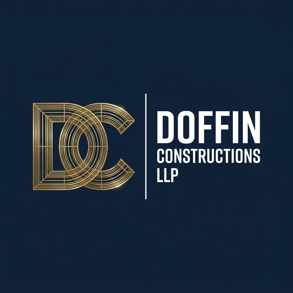 AI Design for A premium, modern corporate logo on a solid deep navy blue background. On the left, a geometric interlocking monogram of the letters "D" and "C". The "DC" monogram is constructed from ultra-sleek, densely packed, incredibly thin parallel golden metallic lines, creating a highly detailed, refined architectural wireframe or concentric track effect. The gold has a realistic, polished metallic sheen. To the right of the monogram is a thin, crisp vertical white divider line. On the far right, the text "DOFFIN" in a large, bold, clean white sans-serif font, stacked directly above "CONSTRUCTIONS" in a medium-weight white sans-serif font, stacked above "LLP". The overall aesthetic is high-end, precise, and suitable for a luxury civil construction firm. Vector art style, sharp edges, 8k resolution.