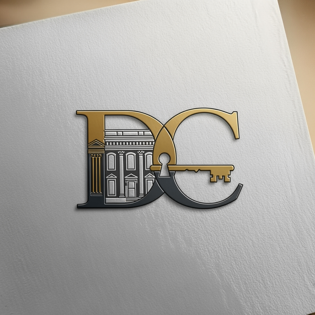 AI Design for DC LOGO IN LA LUXES SERIF FONT AND SHOULD BE RELATED TO REAL ESTATE