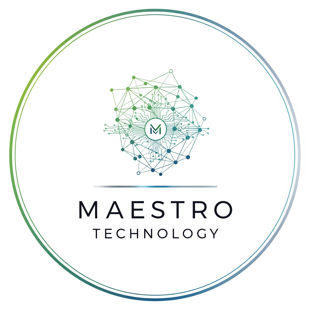 AI Design for create a logo for maestro technology which is based on technology and iot and design them inside a circle