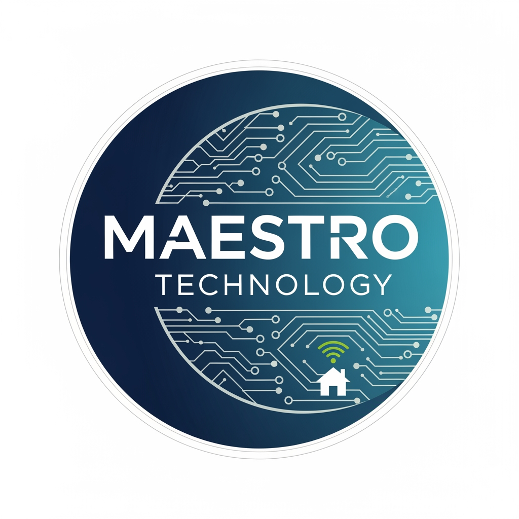 AI Design for create a logo for maestro technology which is based on technology and iot and design them inside a circle