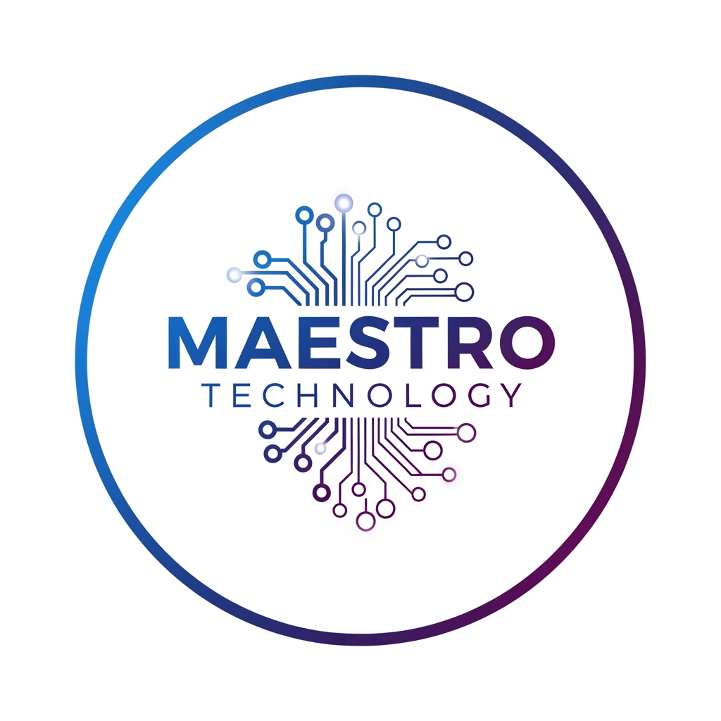 AI Design for create a logo for maestro technology which is based on technology and iot and design them inside a circle