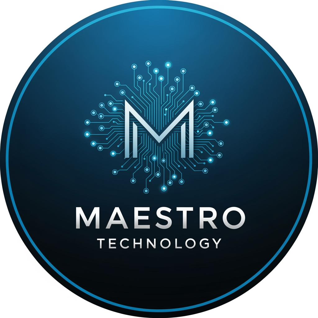 AI Design for create a logo for maestro technology which is based on technology and iot and design them inside a circle