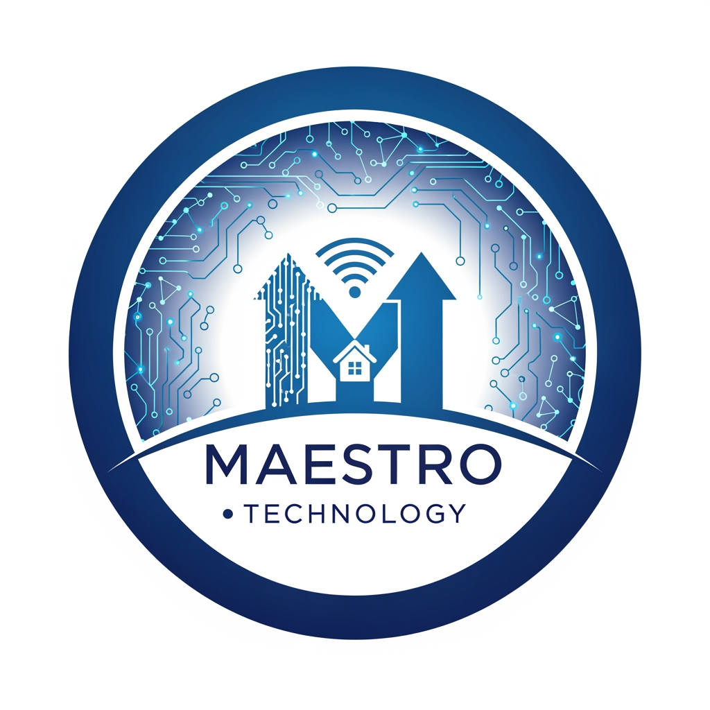 AI Design for create a logo for maestro technology which is based on technology and iot and design them inside a circle