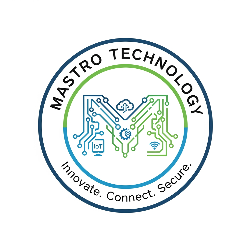 AI Design for create a logo for mastro technology which is based on technology and iot and design them inside a circle
