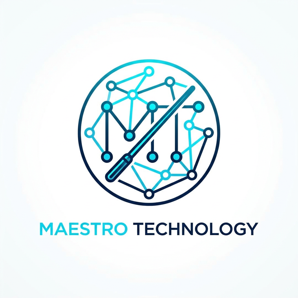 AI Design for A sleek, professional logo for Maestro Technology, featuring minimalist abstract representations of IoT connectivity and digital nodes. The design is cleanly enclosed within a perfect circle, using a sophisticated color palette of deep navy and electric cyan. The aesthetic is modern, high-tech, and balanced, set against a clean white background to emphasize the precision of the vector lines.