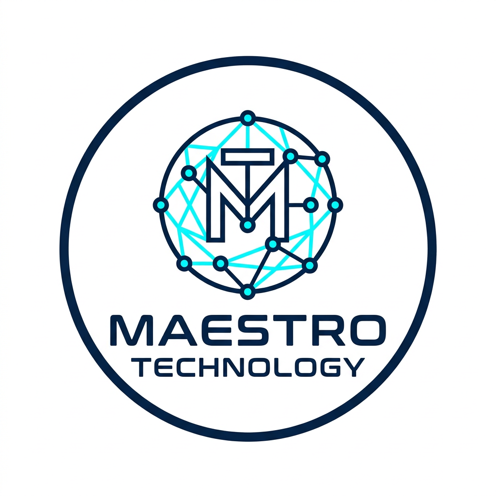 AI Design for A sleek, professional logo for Maestro Technology, featuring minimalist abstract representations of IoT connectivity and digital nodes. The design is cleanly enclosed within a perfect circle, using a sophisticated color palette of deep navy and electric cyan. The aesthetic is modern, high-tech, and balanced, set against a clean white background to emphasize the precision of the vector lines.