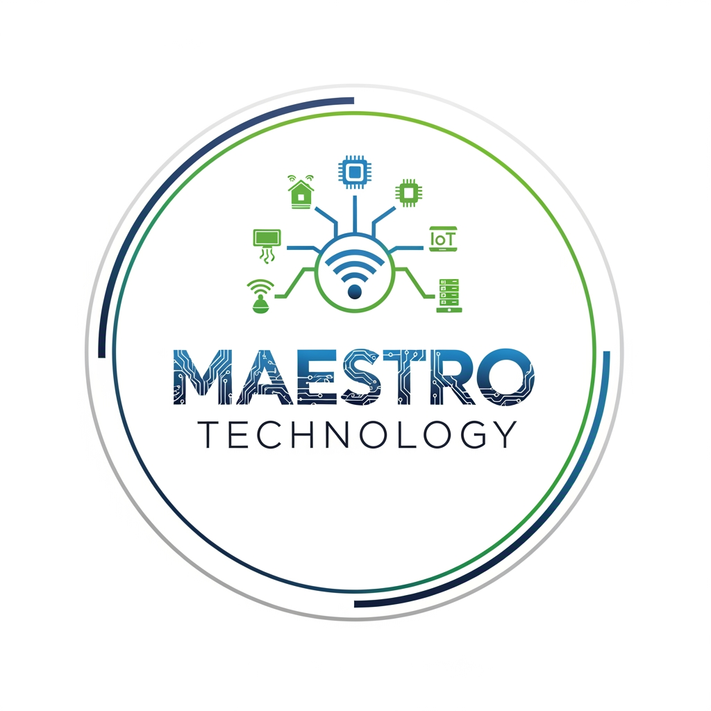 AI Design for create a logo for maestro technology which is based on technology and iot and design them inside a circle