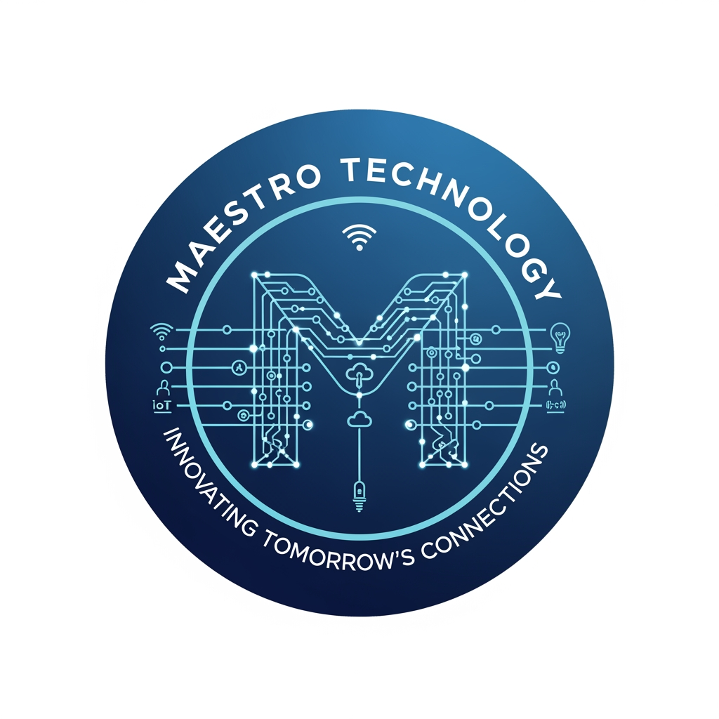 AI Design for create a logo for maestro technology which is based on technology and iot and design them inside a circle