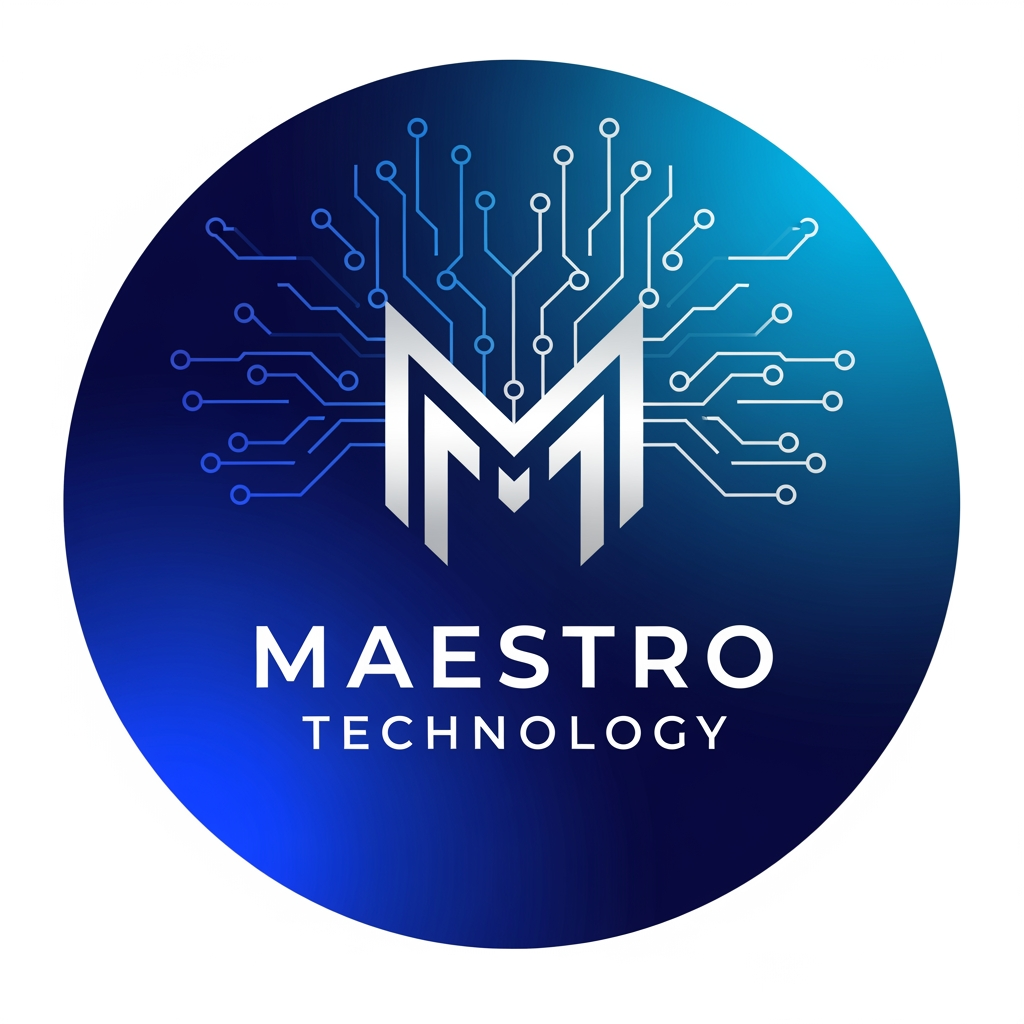 AI Design for create a logo for maestro technology which is based on technology and iot and design them inside a circle