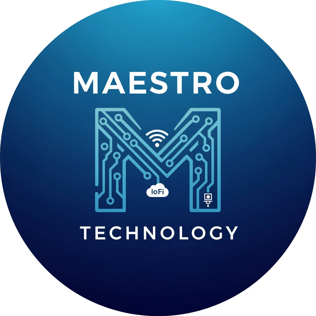 AI Design for create a logo for maestro technology which is based on technology and iot and design them inside a circle