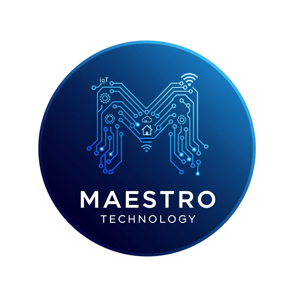 AI Design for create a logo for maestro technology which is based on technology and iot and design them inside a circle